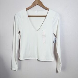 Old Navy Long Sleeve Scuba Top V-Neck Tee‎ T Shirt Basic Fitted White Size S